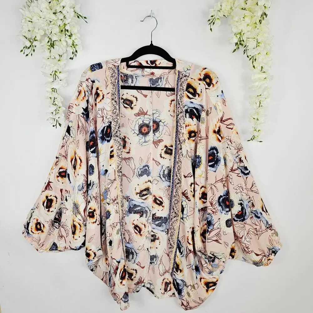 Maurices Pink Floral Peasant Sleeve Kimono XL Large Boho Spring Cover Up Cottage